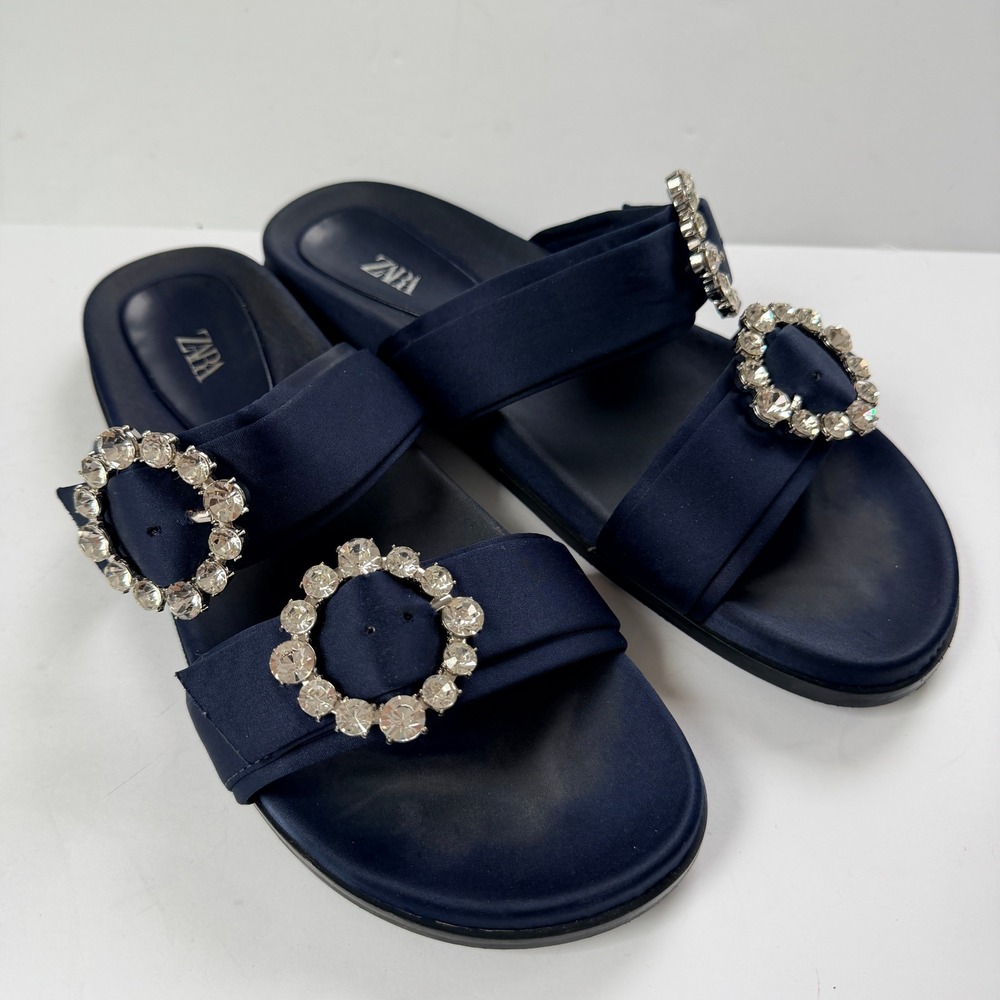 Zara Navy Satin Crystal Buckle Slide Sandals Womens Size 42 | US10.5 -11
